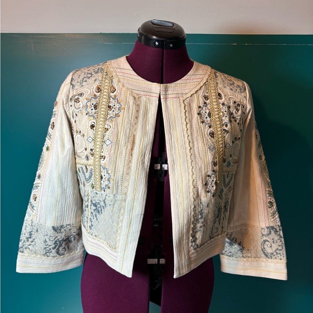Soft Surroundings Cream and Blue Embroidered Blazer with Bling